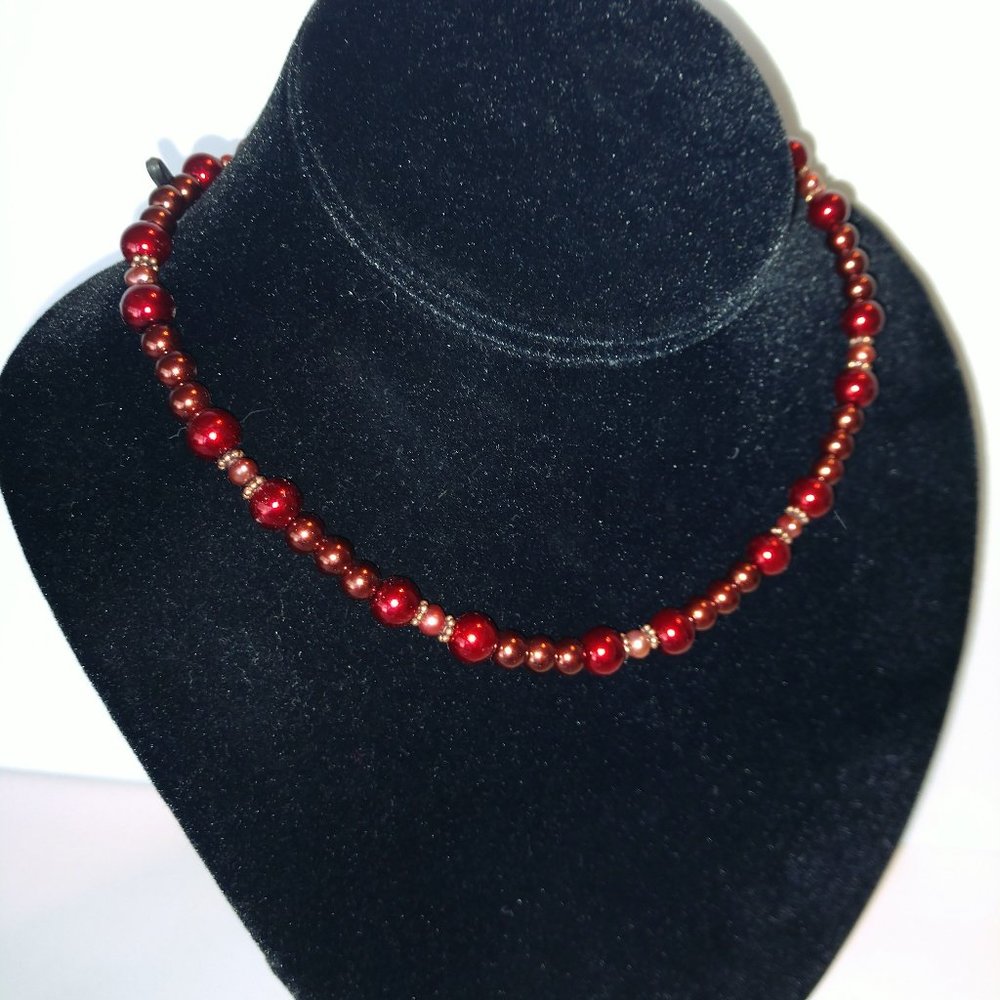 Red and Brown Faux Pearl Beads Necklace Beaded Handmade 15.75 Inches